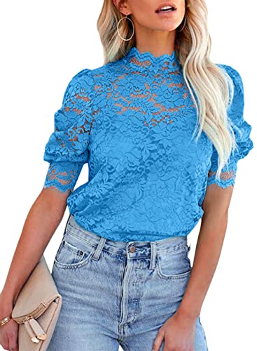 BLENCOT Damen Oberteile Spitze Tops Puff Kurzarm Stehkragen Casual Blusen Hemden mit Trennbar Cami von BLENCOT