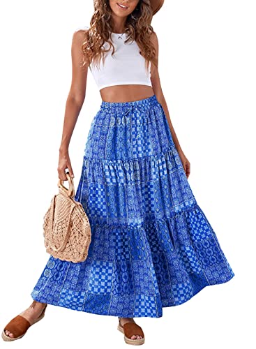 BLENCOT Damen Rock Vintage Maxirock mit Taschen Blumendruck Casual Sommerrock Faltenrock Strandrock Böhmen Hohe Taille Sommer Lange Rock Blau XL von BLENCOT