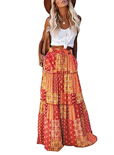 BLENCOT Damen Rock Vintage Maxirock mit Taschen Blumendruck Casual Sommerrock Faltenrock Strandrock Böhmen Hohe Taille Sommer Rock 2-Orange S von BLENCOT