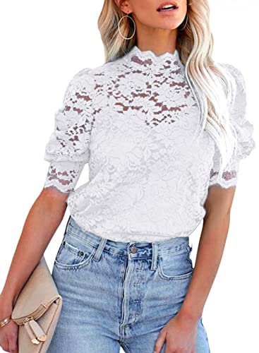 BLENCOT Damen Spitze Tops Puff Kurzarm Stehkragen Casual Blusen Hemden mit Trennbar Cami,weiß,L von BLENCOT