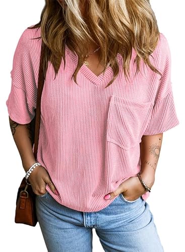 BLENCOT Damen T-Shirt Oversize Kurzarm V-Ausschnitt Oberteile Bluse Damen Sommer Casual Lose Basic Shirt Tops von BLENCOT