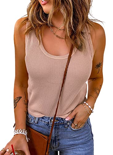 BLENCOT Damen Tank Top 2023 Rundhalsausschnitt Ärmelloses Hemd Waffel Gestrickt Sommerweste Mode Blusen Casual T-Shirts Damen Croptops Basic Oberteil, L, A-Rosa von BLENCOT