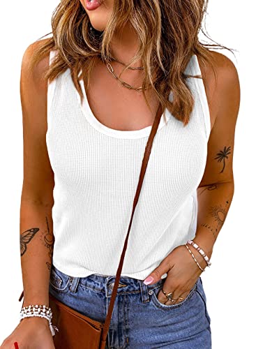 BLENCOT Damen Tank Top 2023 Rundhalsausschnitt Ärmelloses Hemd Waffel Gestrickt Sommerweste Mode Blusen Casual T-Shirts Damen Croptops Basic Oberteil, L, Weiß von BLENCOT