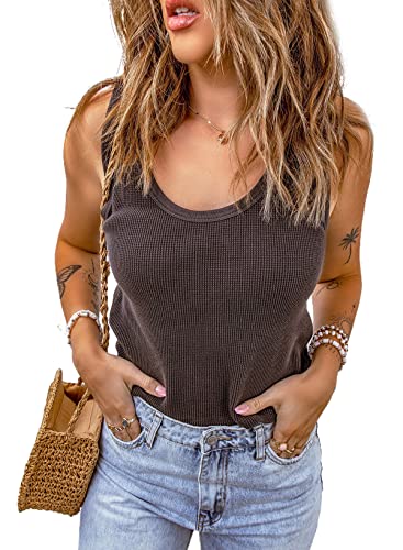 BLENCOT Damen Tank Top 2023 Rundhalsausschnitt Ärmelloses Hemd Waffel Gestrickt Sommerweste Mode Blusen Casual T-Shirts Damen Croptops Basic Oberteil, S, Grau von BLENCOT