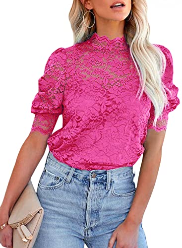 BLENCOT Damen Top Elegant Bluse Spitzen Sommer Puff Kurzarm Stehkragen Casual Hemden mit Trennbar Cami von BLENCOT