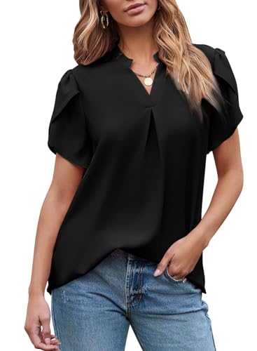 BLENCOT Damen Tshirt Kurzarm Bluse V Ausschnitt Casual Oberteile Sommer Solide Blase Ärmel Lose Tops Tuniken für Damen, Schwarz，XL von BLENCOT