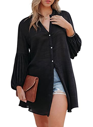 BLENCOT Hemd Damen Oberteile Damen Sommer Langarm Button Down Shirts Kleider Cover up Bikini Damen-Blusenkleid mit V-Ausschnitt und Langarm, Schwarz, M von BLENCOT