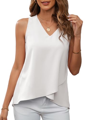 BLENCOT Tank Top Damen Lang V-Ausschnitt Ärmellose Bluse Lockere Oberteile Tunika Weiß Shirts von BLENCOT