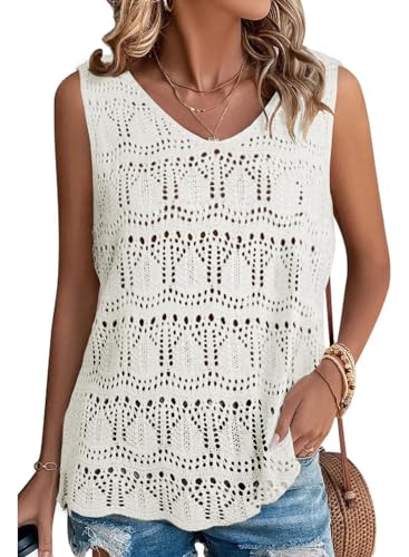 BLENCOT Tank Tops Damen Sommer V-Ausschnitt Oberteile Elegante Strick Damen Bluse Ärmellose Cami Shirts Casual Blusen Ausgehöhlt Crop Tops von BLENCOT