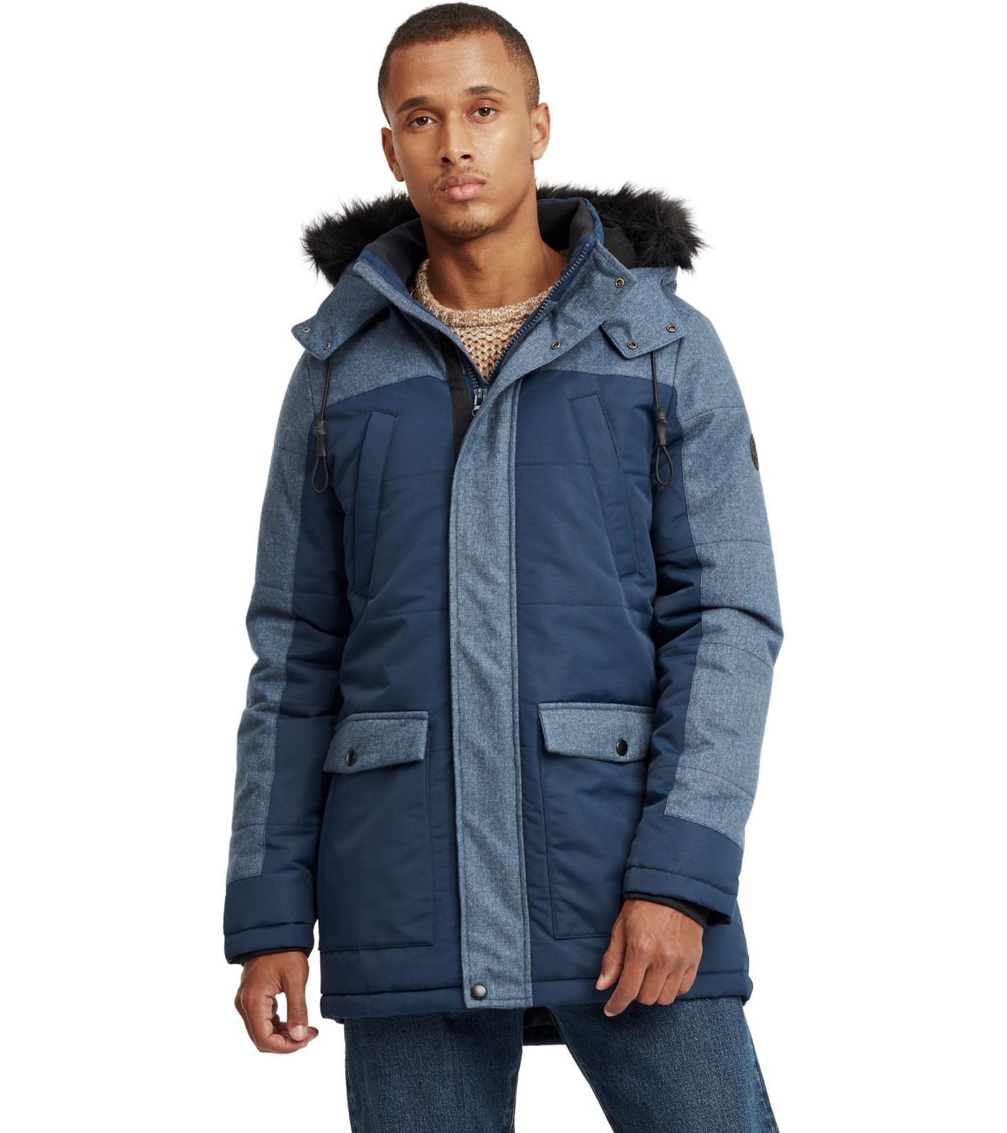 BLEND Herren Winter-Parka dicke Jacke Mikael mit abnehmbarem Kunstpelz Blau von BLEND