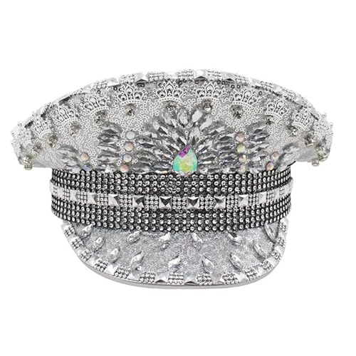 BLESSUME Burning Man Hut Musikfestival Glitzernde Pailletten Steampunk Kopfbedeckung Erwachsene Militär Kapitänsmütze (Silber 1) von BLESSUME