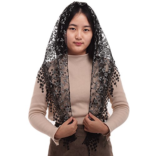 BLESSUME Frau Dreieck Muster Schleier Klassisch Mantilla Weich Spitze Kapelle Schleier (Black) von BLESSUME