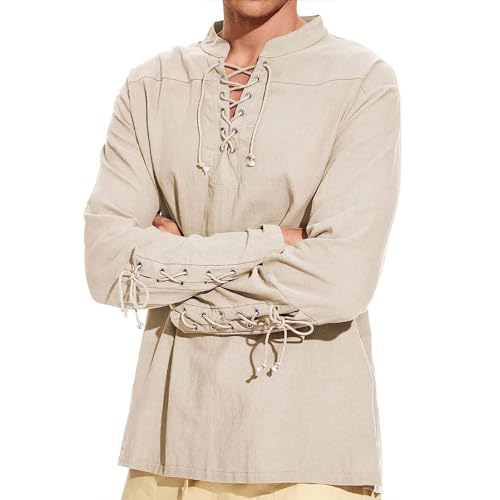 BLESSUME Herren Renaissance Leinenhemd Mittelalter Steampunk Viktorianisch Henley Tops Langarm (Beige, M) von BLESSUME