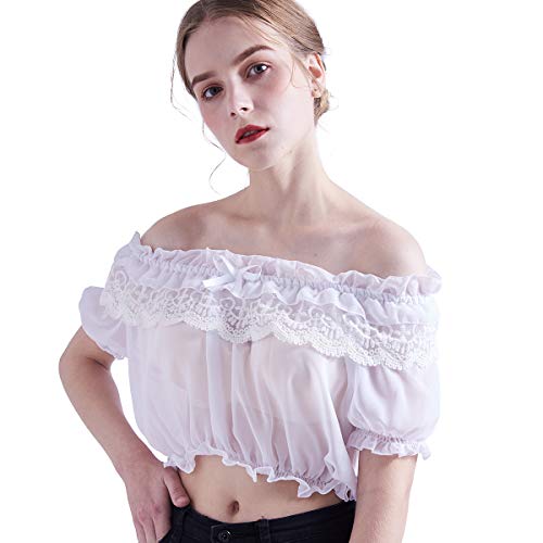 BLESSUME Lolita Oberteile Dirndlbluse Hauch Hülse Frilly Crop Top One Size (Weiß) von BLESSUME