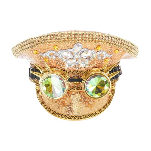 BLESSUME Pailletten Mütze Festival Hut Burning Man Sparkly Steampunk Hüte mit Brille Damen Militär Kapitän Kappe (Gold 2) von BLESSUME