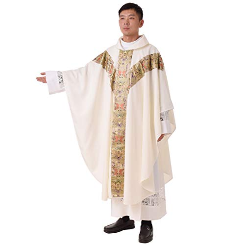 BLESSUME Priester Messgewand Kirche Vater Masse Pastor Stickerei Robe mit Stole, Weiß, One Size von BLESSUME