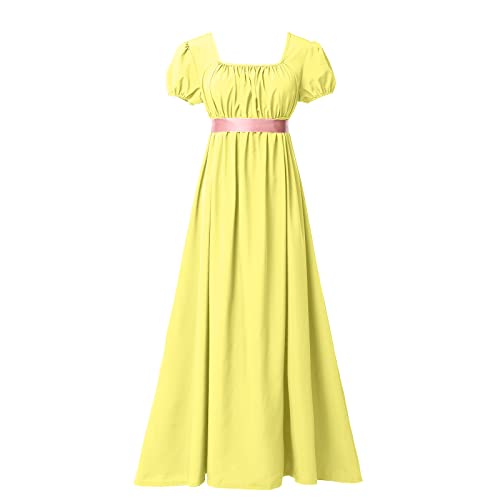 BLESSUME Regency Kleid Damen Schärpe Geraffte Puffärmel Empire Taille Tea Party Ballkleid (L, Gelb) von BLESSUME