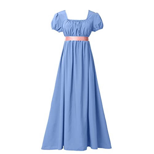 BLESSUME Regency Kleid Damen Schärpe Geraffte Puffärmel Empire Taille Tea Party Ballkleid (L, Hellblau) von BLESSUME
