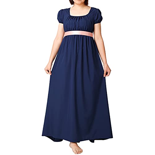 BLESSUME Vintage Kleid Damen Schärpe Gekräuselte Puffärmel Empire-Taille Kleid (XXL, Blau) von BLESSUME