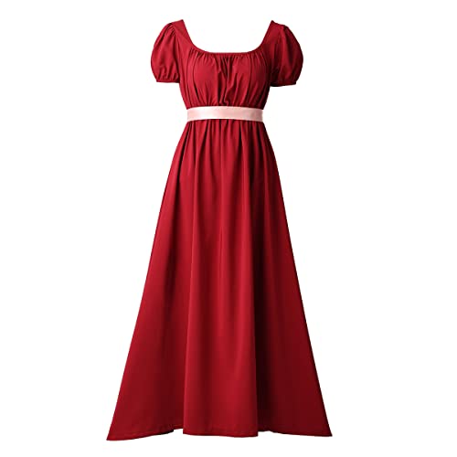 BLESSUME Regency Kleid Damen Schärpe Geraffte Puffärmel Empire Taille Tea Party Ballkleid (XXL, Rot) von BLESSUME