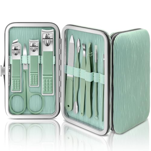 BLESWIN Nagelknipser Maniküre Set 10 Stück, Nagelknipser-Kit Professionell, Kleines Nagelknipser Set Männer Frauen, Fingernagel Pflege Set, Maniküre Set Damen im Etui Grünes Leder Geschenk Set von BLESWIN
