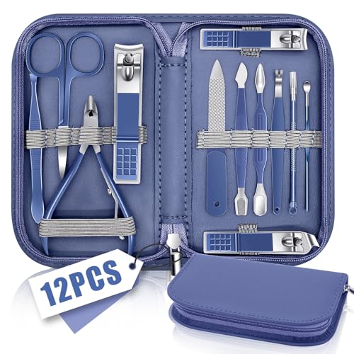 Nagelset Maniküre, Fingernagel Pflege Set, Professionell Nageletui Damen Männer, Pediküre Nagelknipser Set, Nagelknipser Fußnägel & Gelnägel, Fingernagel Pflege Set mit Blauer Leder-Reisetasche von BLESWIN