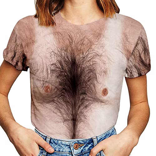 BLIBUNALA 3D Druck T-Shirt für Damen Sommer Mode Lustiges Brusthaar Imitiert Männer Muskeldruck T-Shirt Mode Lässig Locker Halbarm Kurzärmlig von BLIBUNALA