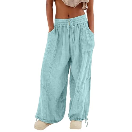 BLIBUNALA Sommerhose Damen Leicht Haremshose Sommer Musselin Hose Lang Leichte Stoffhose High Waist Palazzo Weite Hose Freizeithose Pumphose Sporthose Wide Leg Pants Luftige Strandhose Mit Taschen von BLIBUNALA