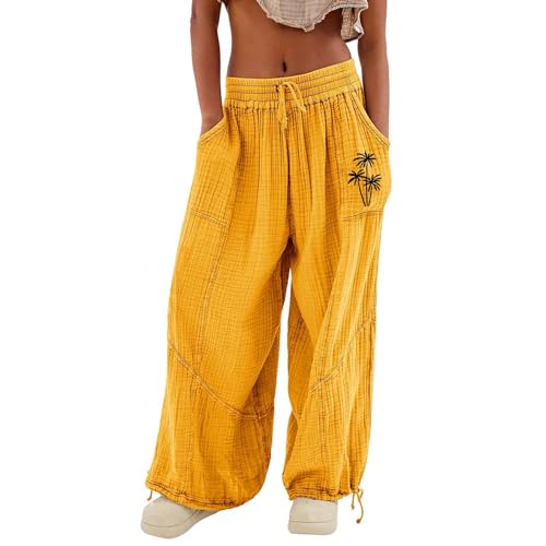 BLIBUNALA Sommerhose Damen Leicht Haremshose Sommer Musselin Hose Locker Baumwolle mit Gummizug Haremshose Musselin Hose High Waist Bequem Stoffhose Weite Beine Große Größen Schlupfhose von BLIBUNALA