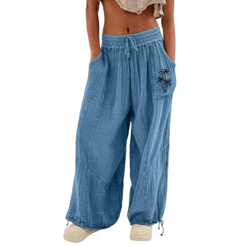 BLIBUNALA Sommerhose Damen Leicht Haremshose Sommer Musselin Hose Locker Baumwolle mit Gummizug Haremshose Musselin Hose High Waist Bequem Stoffhose Weite Beine Große Größen Schlupfhose von BLIBUNALA
