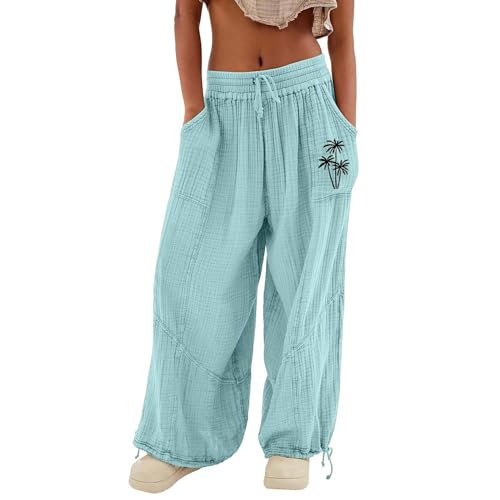 BLIBUNALA Sommerhose Damen Leicht Haremshose Sommer Musselin Hose Locker Baumwolle mit Gummizug Haremshose Musselin Hose High Waist Bequem Stoffhose Weite Beine Große Größen Schlupfhose von BLIBUNALA