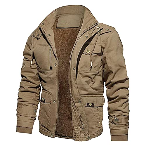 Wintermantel Herren Slim Fit Army Jacke Bomber Gefüttert Feldjacke Militär Jacke Vintage Stehkragen Winterparka Kapuze üBergang Blouson Steppjacke Fleece Futter Moderne Bikerjacke Wollmantel von BLIBUNALA