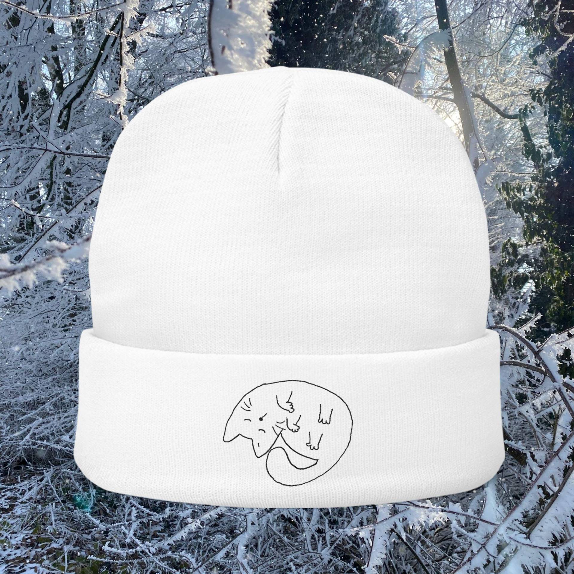 Kittycuddle/Sleeping Cat Nino - Embroidered Knit Beanie | Minimal Line Art By Blindland von BLINDLAND