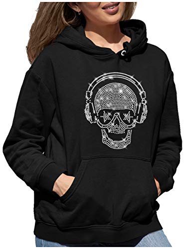 BLINGELING BlingelingShirts Damen Hoodie Kapuzenpullover Glitzer Totenkopf mit Kopfhörer Design kristall Music Skull Musik. schwarz. Gr. 2XL HD von BLINGELING