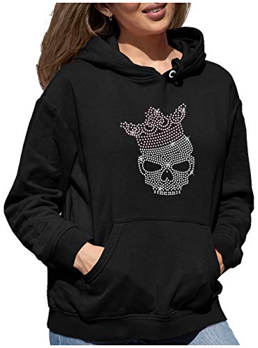 BLINGELING BlingelingShirts Damen Hoodie Kapuzenpullover Glitzer Totenkopf mit Krone kristall und rosa Skull King Queen Strass Crown. schwarz. Gr. M HD von BLINGELING