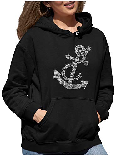 BLINGELING BlingelingShirts Damen Hoodie Kapuzenpullover Übergröße Glitzer Anker kristall Symbol Seefahrt Hafen maritim kristall. schwarz. Gr. 5XL HD von BLINGELING