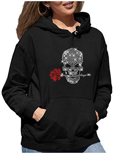 BLINGELING BlingelingShirts Damen Hoodie Kapuzenpullover Übergröße Glitzer Totenkopf mit Rose kristall und rot Skull Love Rose Strass. schwarz. Gr. 5XL HD von BLINGELING