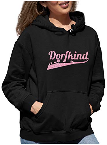 BLINGELING Damen Hoodie Kapuzenpullover Schriftzug Dorfkind Rosegold Glitzer mit Kühen und Traktor Motiv. von BLINGELING