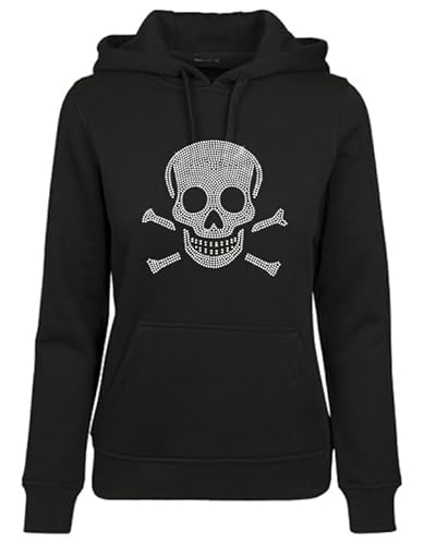 BLINGELING Damen Hoodie-Kapuzenpullover Schwarz Totenkopf mit Knochen Strass Kristall von BLINGELING