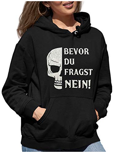 BLINGELING Damen Hoodie Kapuzenpullover Spruch Bevor Du fragst Nein mit Totenkopf Silber Glitzer. von BLINGELING