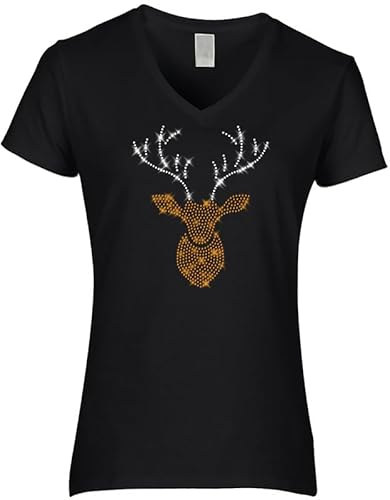 BLINGELING Damen Weihnachtshirt Hirsch mit Geweih Strass Hellbraungold und Kristall von BLINGELING