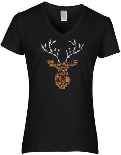 BLINGELING Damen Weihnachtshirt Hirsch mit Geweih Strass Hellbraungold und Kristall von BLINGELING