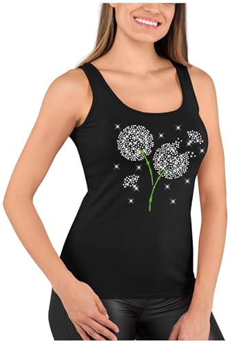 BLINGELING Schwarzes Damen Top, Pusteblume Strass kristall und grüner Löwenzahn. Gr. L von BLINGELING