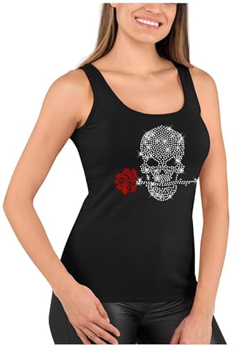 BLINGELING Schwarzes Damen Top, Totenkopf mit Rose Strass. Gr. 3XL von BLINGELING