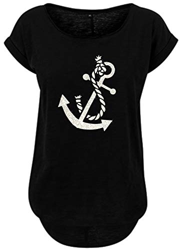 BlingelingShirts Damen Fun Shirt Anker Damen Silber Glitzer Anchor maritim Segeln Seefahrt Schiff Hafen. schwarz. Gr. XL Evi von BLINGELING