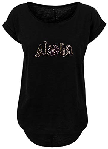 BlingelingShirts Damen Fun Shirt Beach Shirt Aloha Schriftzug Regenbogen und rosa Blüte Hibiskus. schwarz. Gr. 2XL Evi von BLINGELING