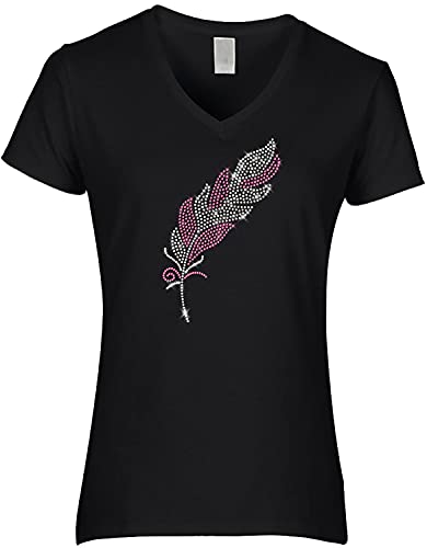 BlingelingShirts Damen Fun Shirt Feder kristall und pink zweifarbig Strass Line Dance Indianer Design Shirt Damen V-Neck. Gr. M PR schwarz von BLINGELING