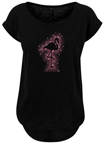 BlingelingShirts Damen Fun Shirt Flamingo Silhouette pink Glitzer Umriss stehender Flamingo rosa. schwarz. Gr. L Evi von BLINGELING