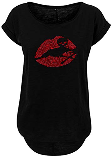 BlingelingShirts Damen Fun Shirt Kussmund mit Totenkopf Strass rot Lippen Skull Lips Mund Totenkopfshirt. schwarz. Gr. XS Evi von BLINGELING