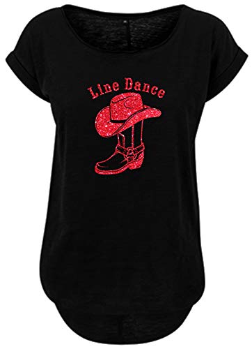 BlingelingShirts Damen Fun Shirt Line Dance Schrifzug mit Cowboystiefel und Hut in rot Glitzer. schwarz. Gr. XS Evi von BLINGELING